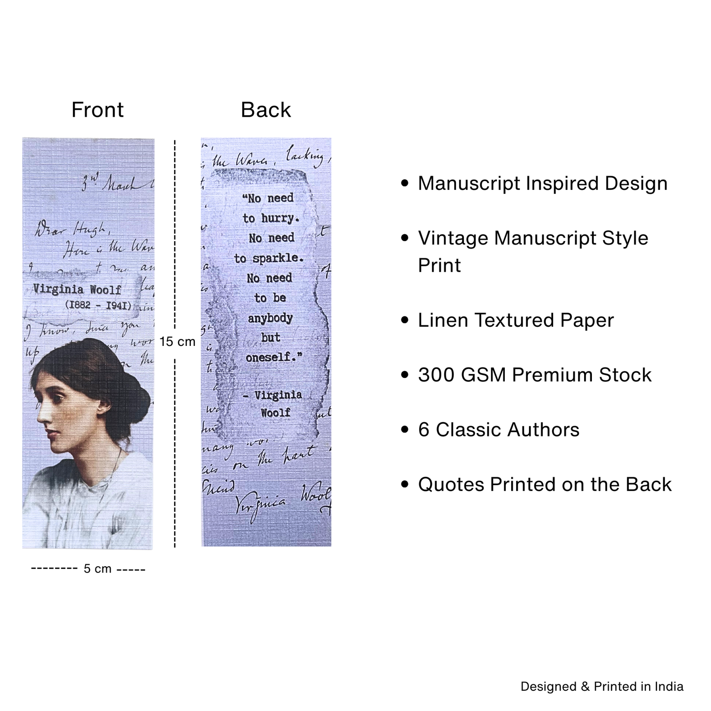 Classic Author manuscript Bookmark Set (set of 6 bookmarks) | 15cm x5 cm | archival linen textured paper