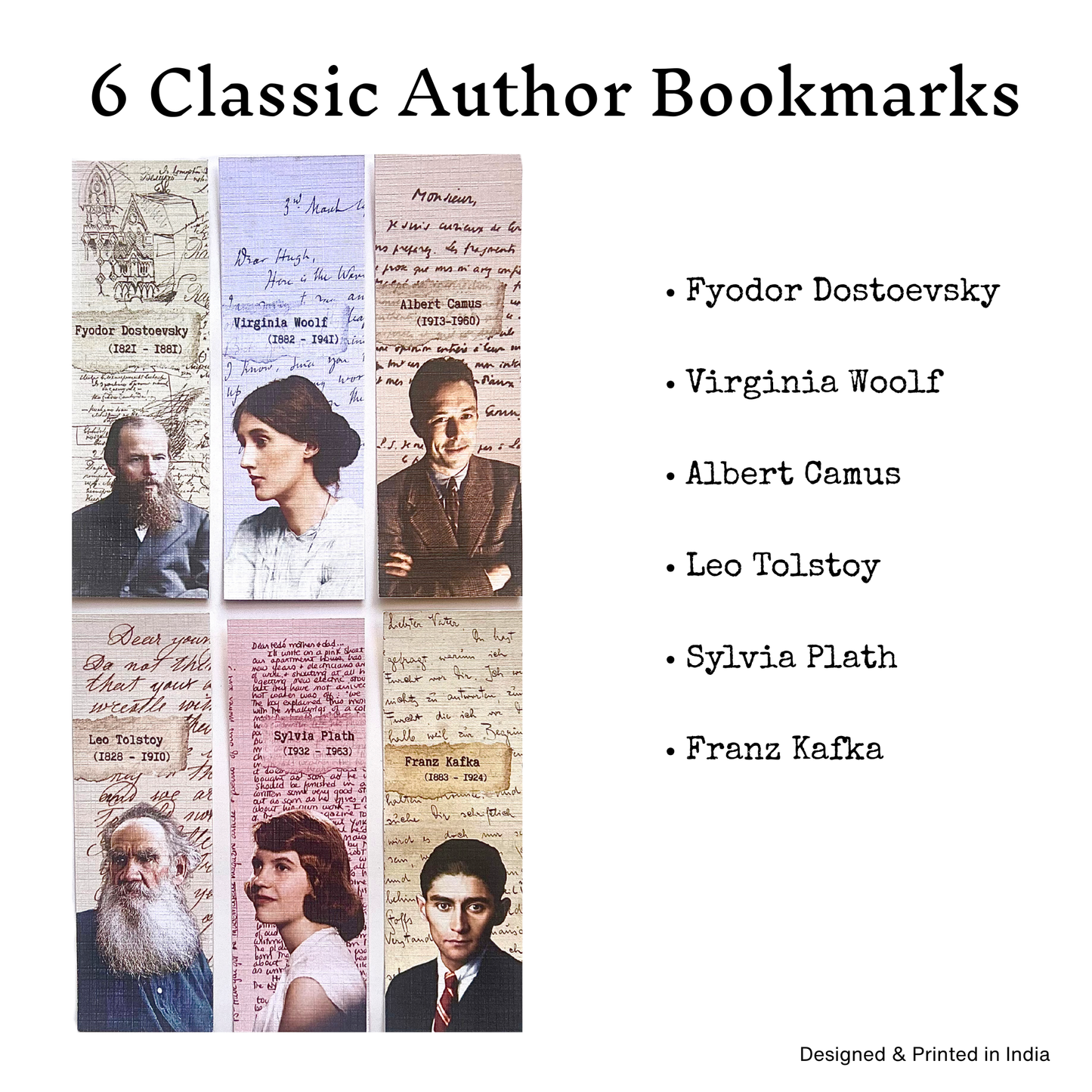 Classic Author manuscript Bookmark Set (set of 6 bookmarks) | 15cm x5 cm | archival linen textured paper